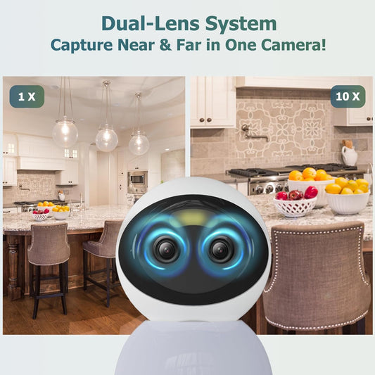 Dual-Lens 10X Zoom Security Camera, Baby Monitor, Dog Security Cam with auto light, 3MP Auto-Light Pan/Tilt 360° Tracking, Two-Way Audio, Human Detection & Night Vision, Supports SD/Cloud Storage