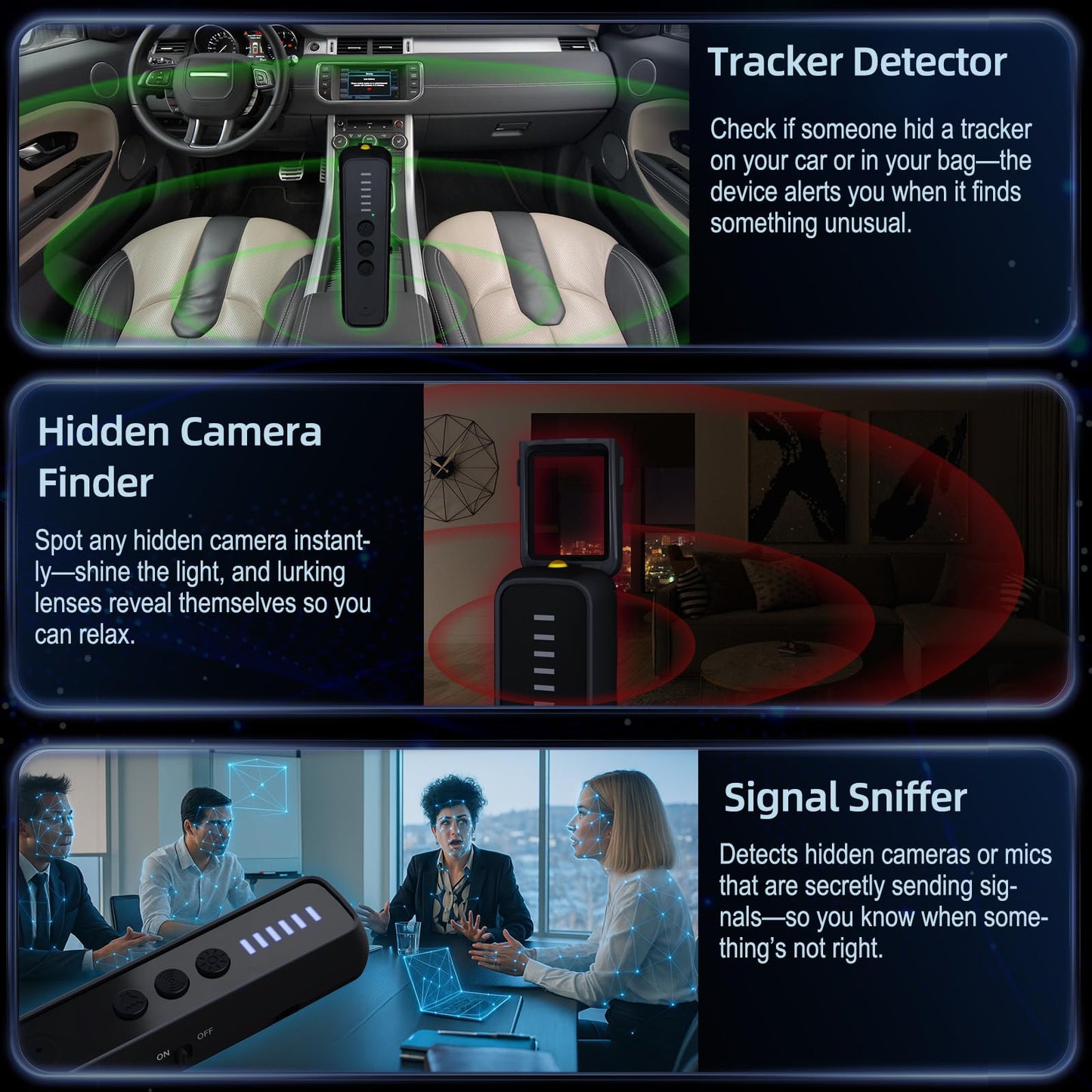 Hidden Camera Detector 2025 version, Anti-Spy RF Scanner & GPS Tracker Finder, Portable Bug Detector for Hotel, Travel, Office, bed room – 5 Sensitivity Levels, mini Design for securtity & safe